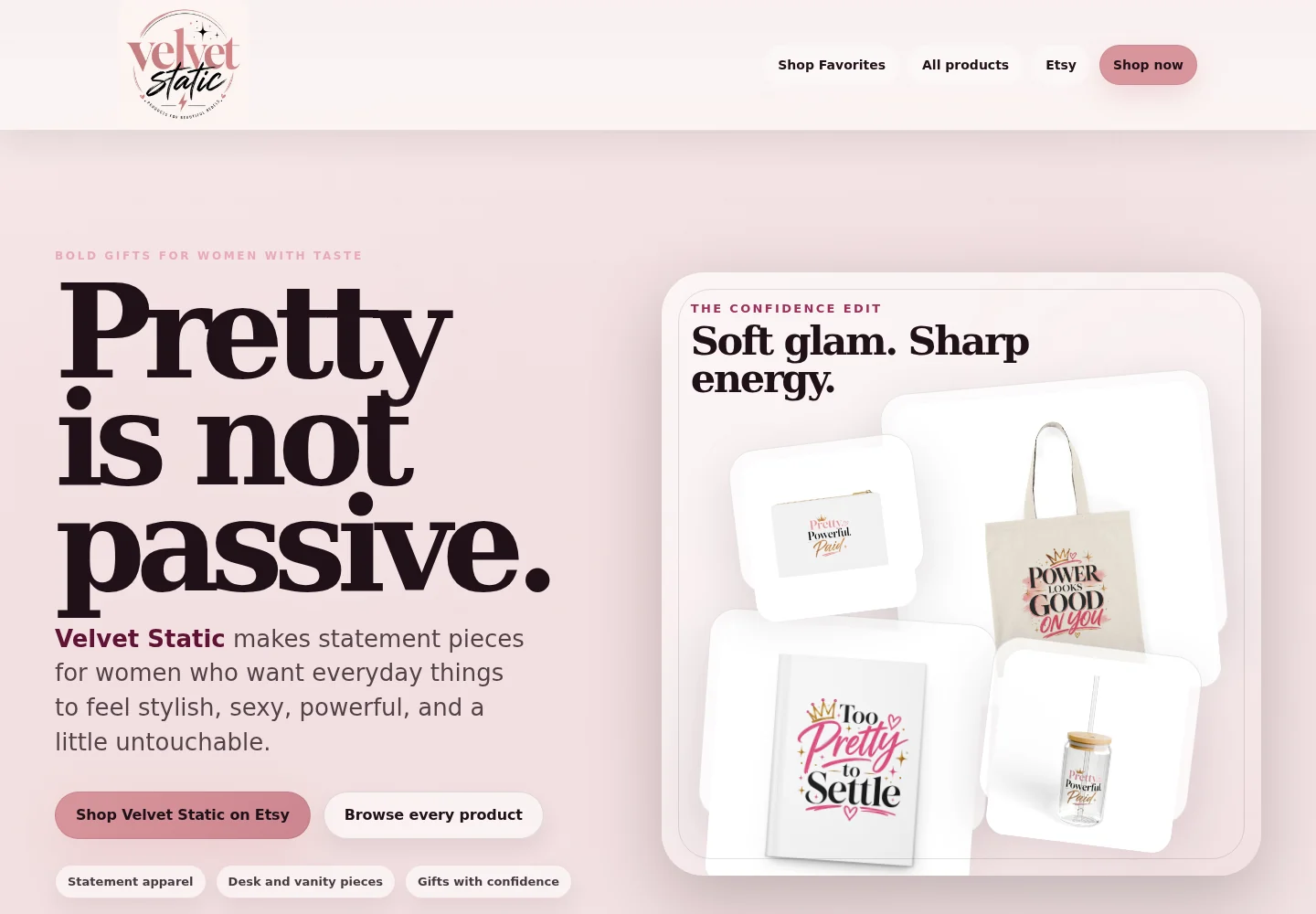 The Velvet Static website home page, with a large headline, a call to shop on Etsy, and a collage of products including a cosmetic bag, a tote, a journal, and a glass can.
