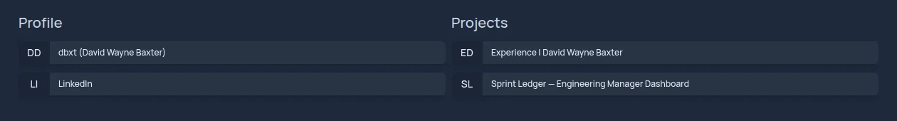 The bottom of the dashboard, showing bookmark groups named Profile and Projects, each with short tiles for GitHub, LinkedIn, and this website.