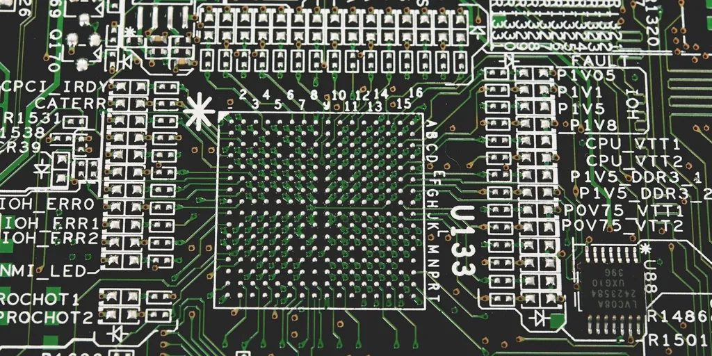 Close-up of a dark circuit board with a large chip and labeled components
